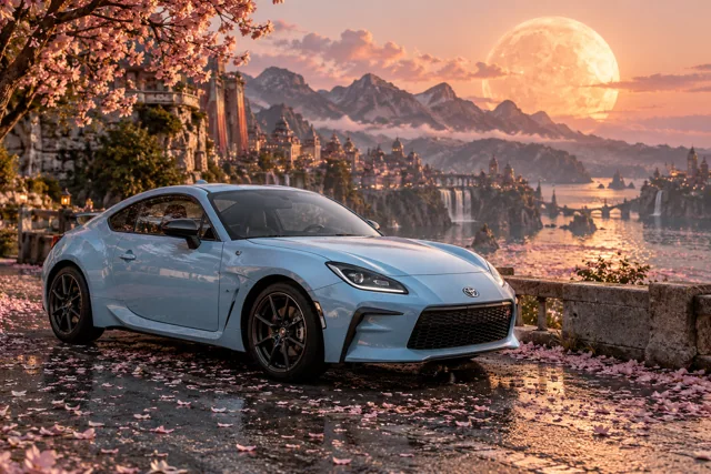 AI-generated baby blue sports coupe in Petal Moon. Petals gather beneath a warm, low moon.