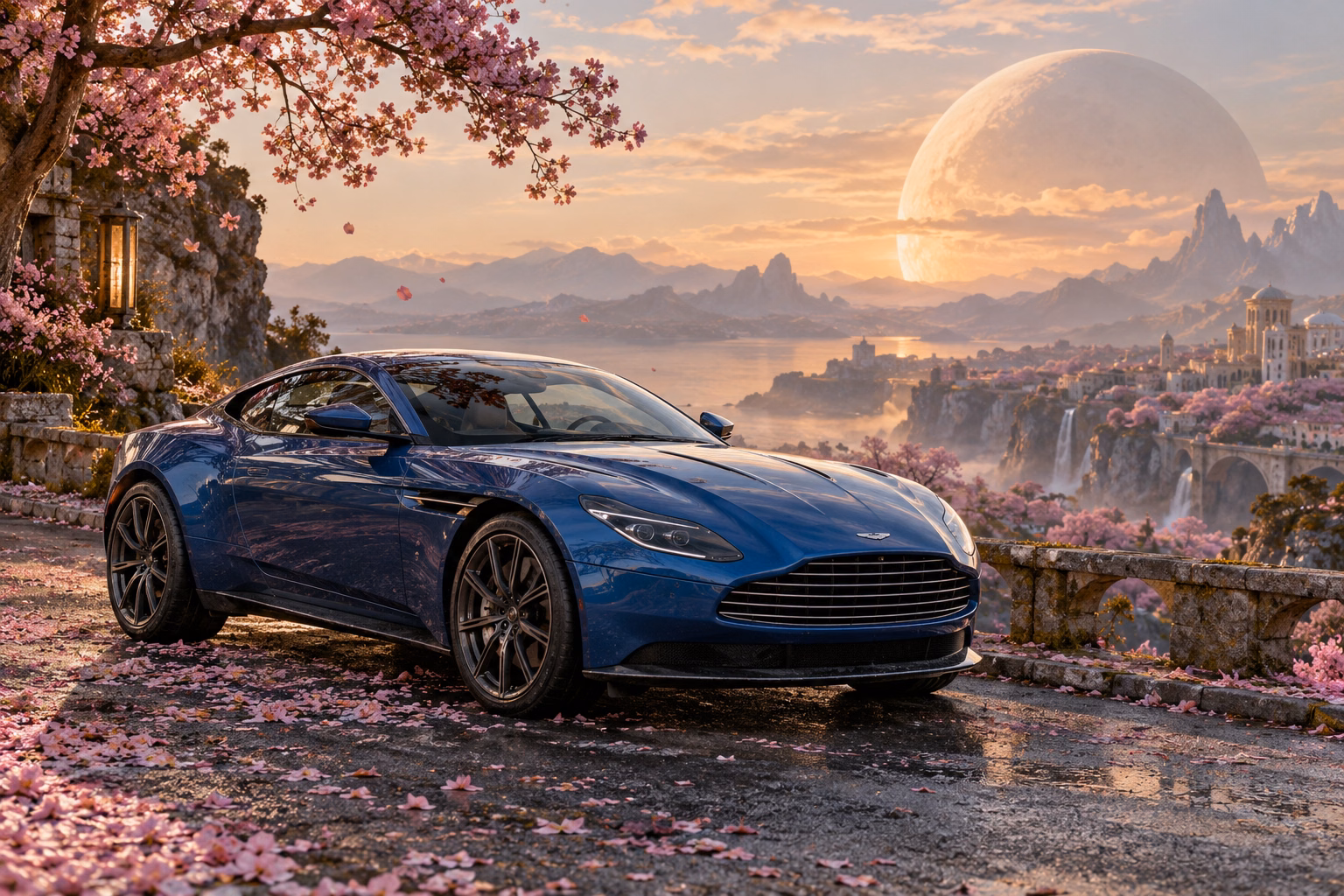 AI-generated blue grand touring coupe in Petal Moon. Petals gather beneath a warm, low moon.