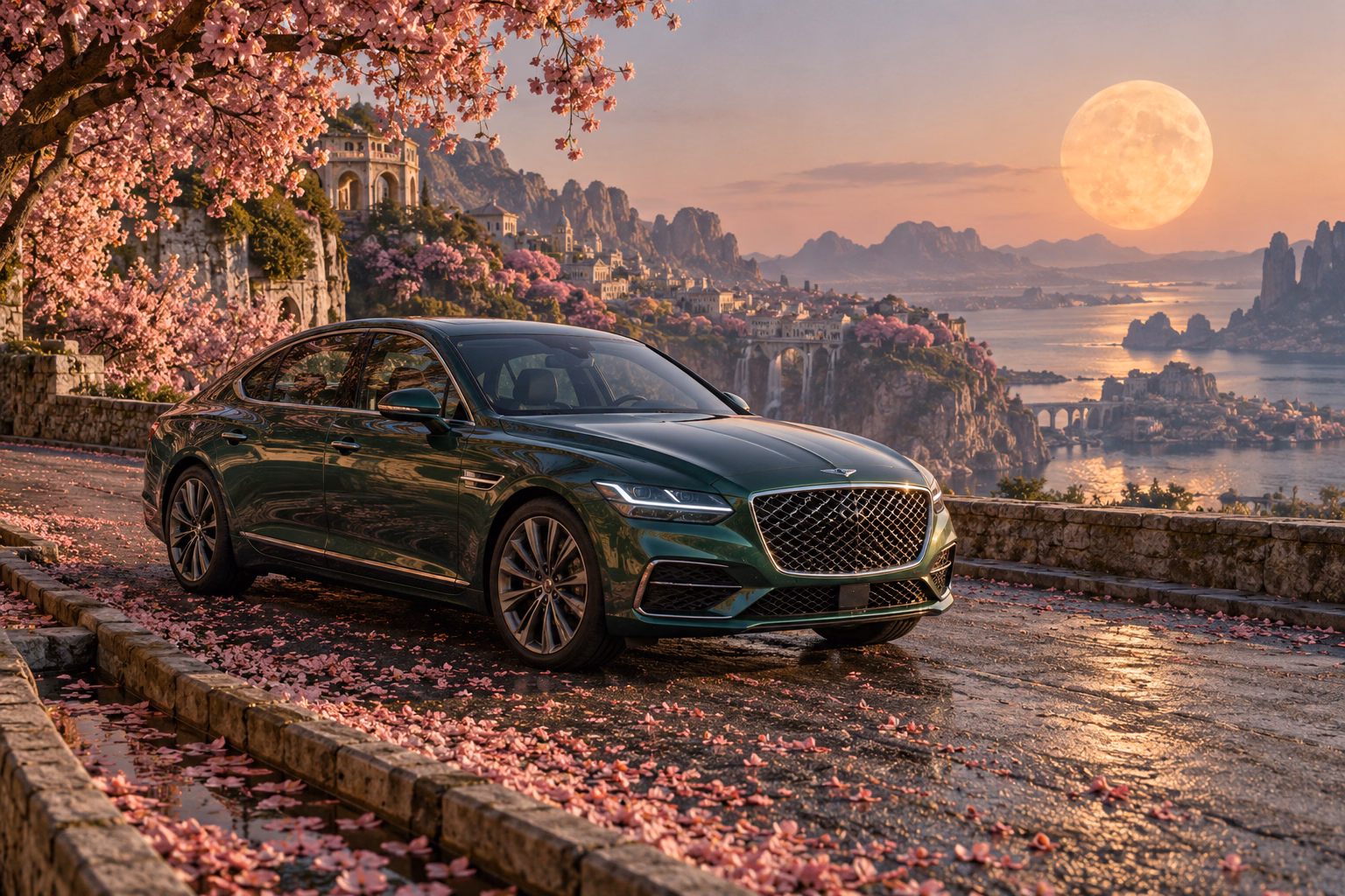 AI-generated green luxury sedan in Petal Moon. Petals gather beneath a warm, low moon.