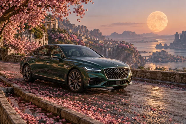 AI-generated green luxury sedan in Petal Moon. Petals gather beneath a warm, low moon.