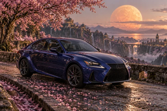 AI-generated indigo sports sedan in Petal Moon. Petals gather beneath a warm, low moon.