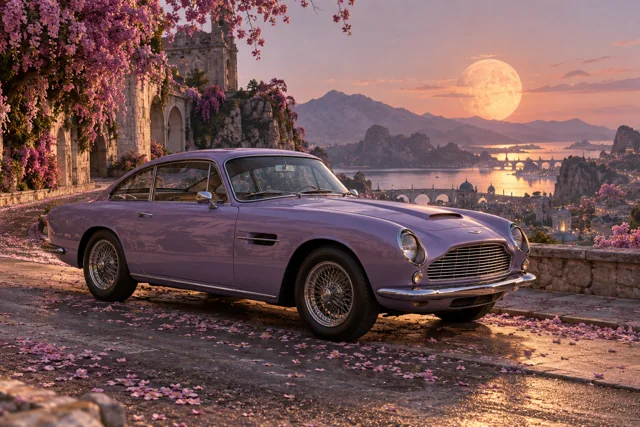 AI-generated lavender classic luxury coupe in Petal Moon. Petals gather beneath a warm, low moon.