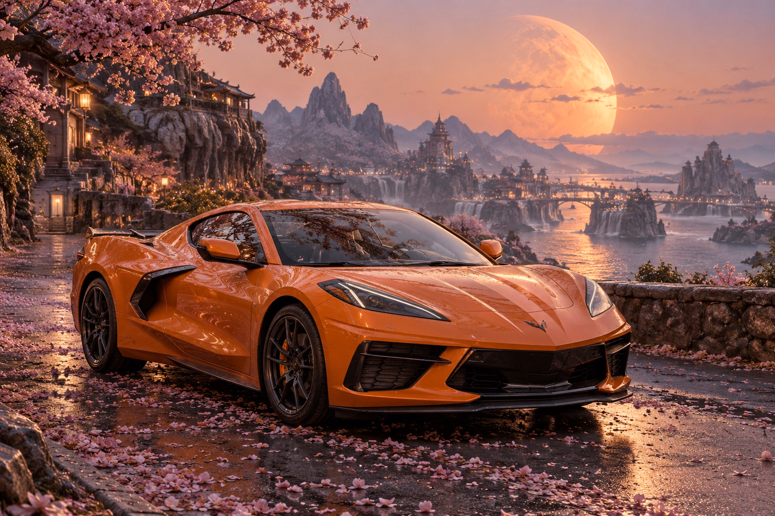 AI-generated orange mid-engine sports coupe in Petal Moon. Petals gather beneath a warm, low moon.