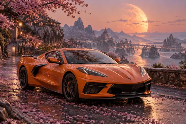 AI-generated orange mid-engine sports coupe in Petal Moon. Petals gather beneath a warm, low moon.