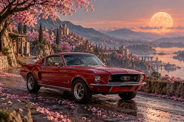 AI-generated red classic fastback in Petal Moon. Petals gather beneath a warm, low moon.