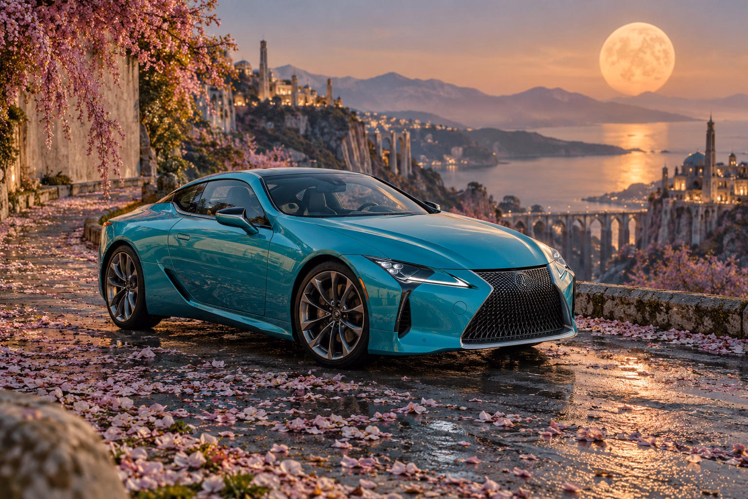 AI-generated turquoise performance touring coupe in Petal Moon. Petals gather beneath a warm, low moon.