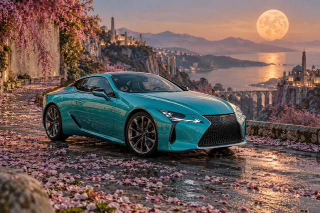 AI-generated turquoise performance touring coupe in Petal Moon. Petals gather beneath a warm, low moon.