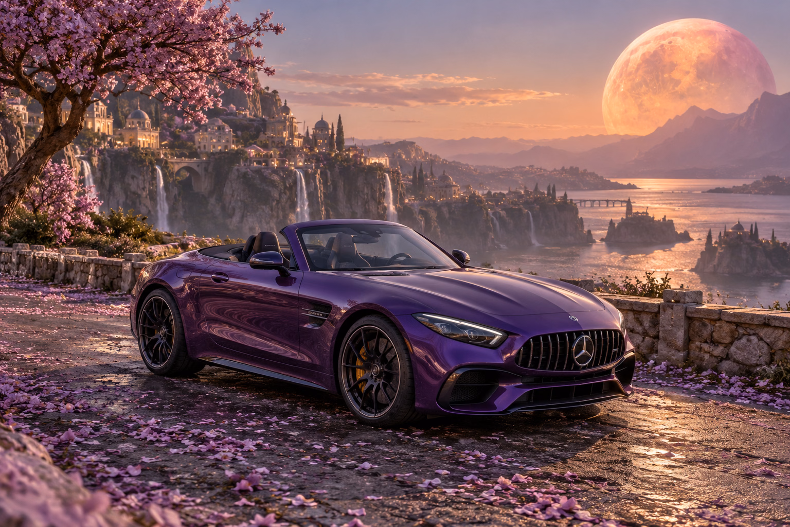 AI-generated violet open-top roadster in Petal Moon. Petals gather beneath a warm, low moon.