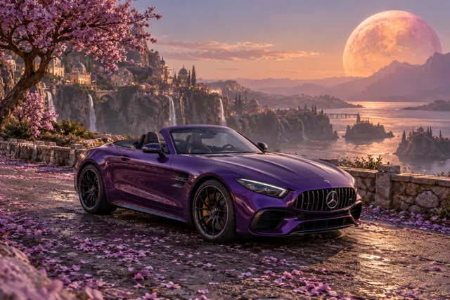 AI-generated violet open-top roadster in Petal Moon. Petals gather beneath a warm, low moon.
