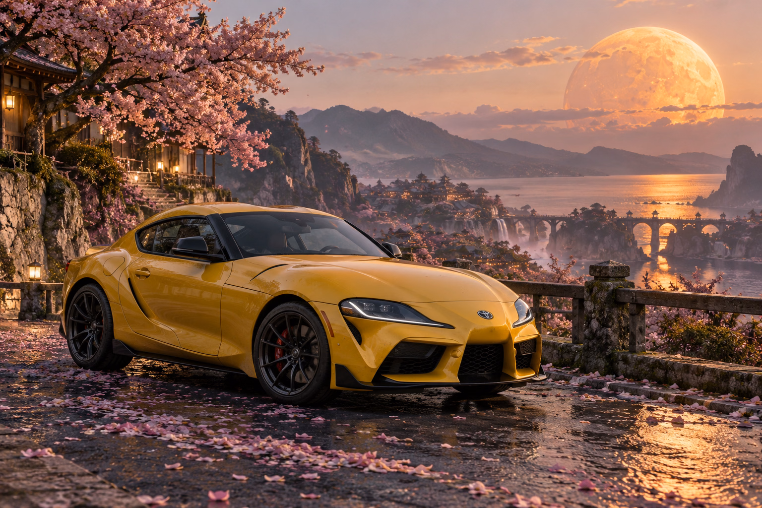 AI-generated yellow performance coupe in Petal Moon. Petals gather beneath a warm, low moon.