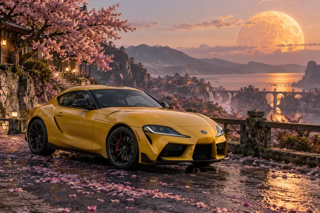 AI-generated yellow performance coupe in Petal Moon. Petals gather beneath a warm, low moon.