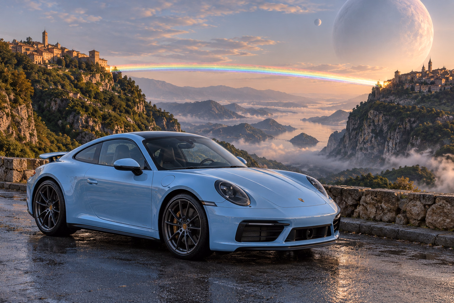 AI-generated baby blue sports coupe in Rainbow’s End. Colored light connects distant places across an open sky.