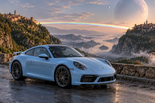 AI-generated baby blue sports coupe in Rainbow’s End. Colored light connects distant places across an open sky.