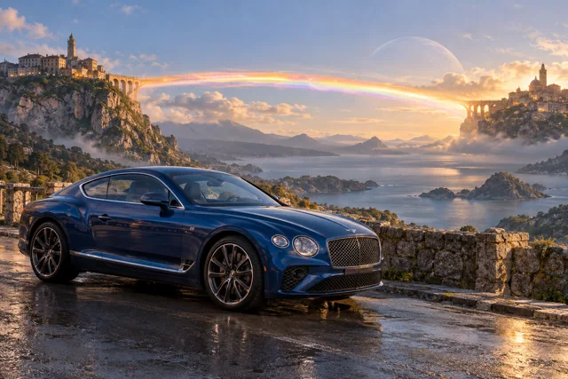 AI-generated blue grand touring coupe in Rainbow’s End. Colored light connects distant places across an open sky.