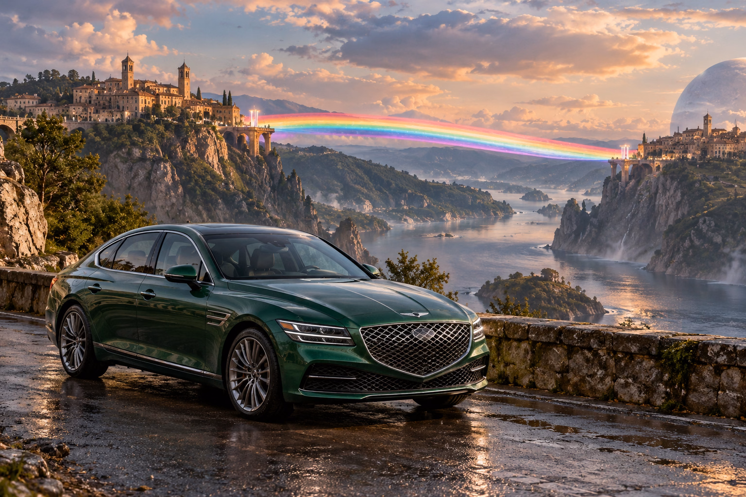 AI-generated green luxury sedan in Rainbow’s End. Colored light connects distant places across an open sky.