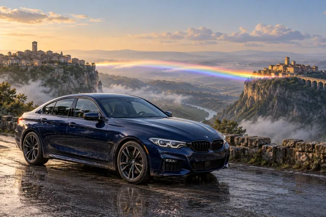 AI-generated indigo sports sedan in Rainbow’s End. Colored light connects distant places across an open sky.