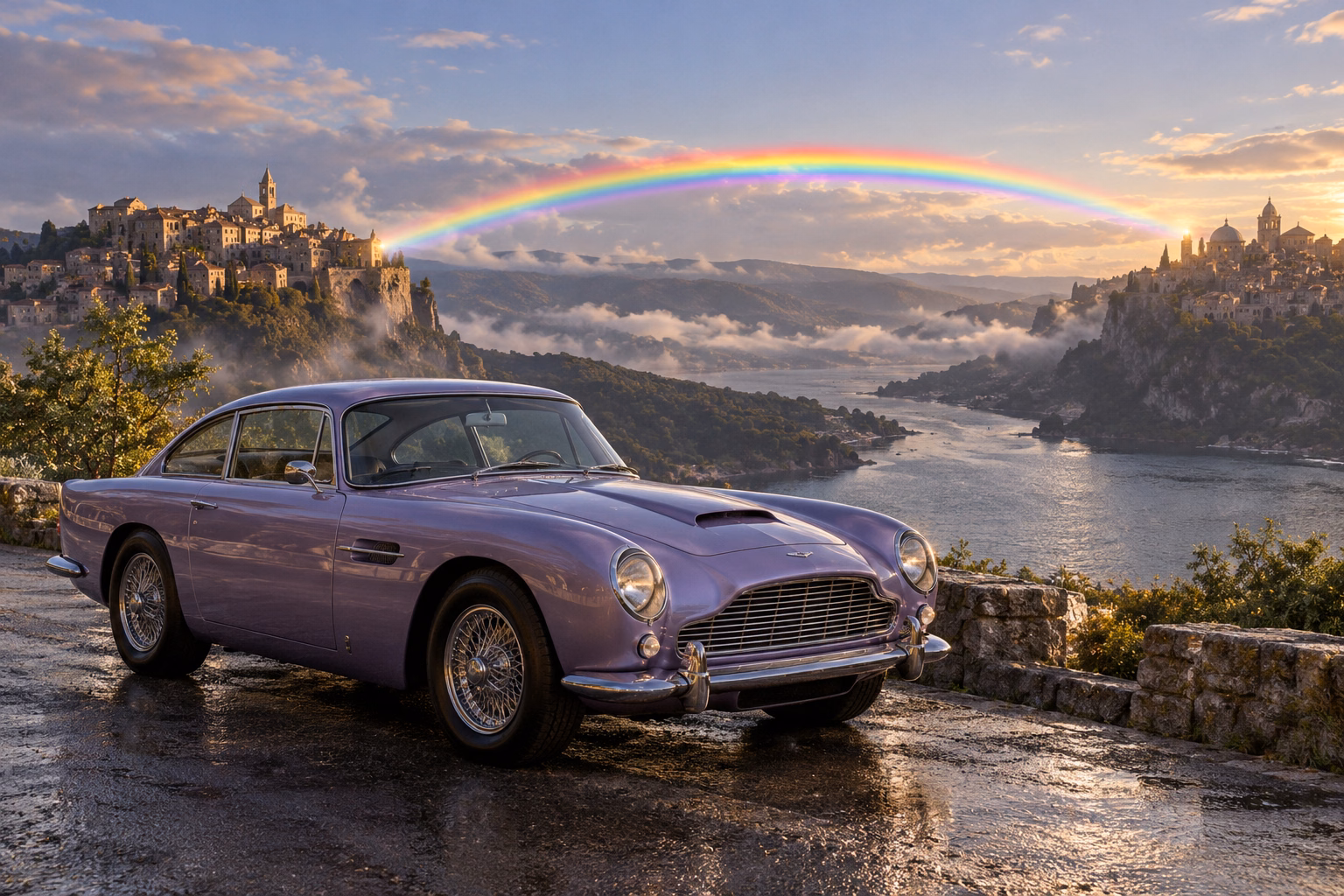 AI-generated lavender classic luxury coupe in Rainbow’s End. Colored light connects distant places across an open sky.