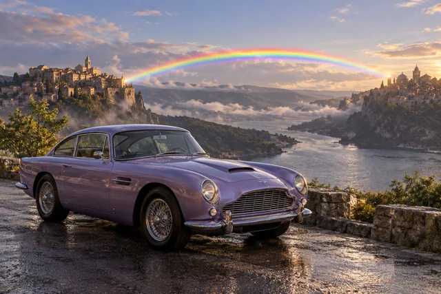 AI-generated lavender classic luxury coupe in Rainbow’s End. Colored light connects distant places across an open sky.