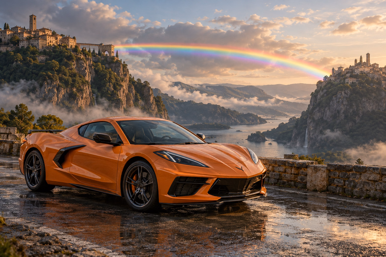 AI-generated orange mid-engine sports coupe in Rainbow’s End. Colored light connects distant places across an open sky.