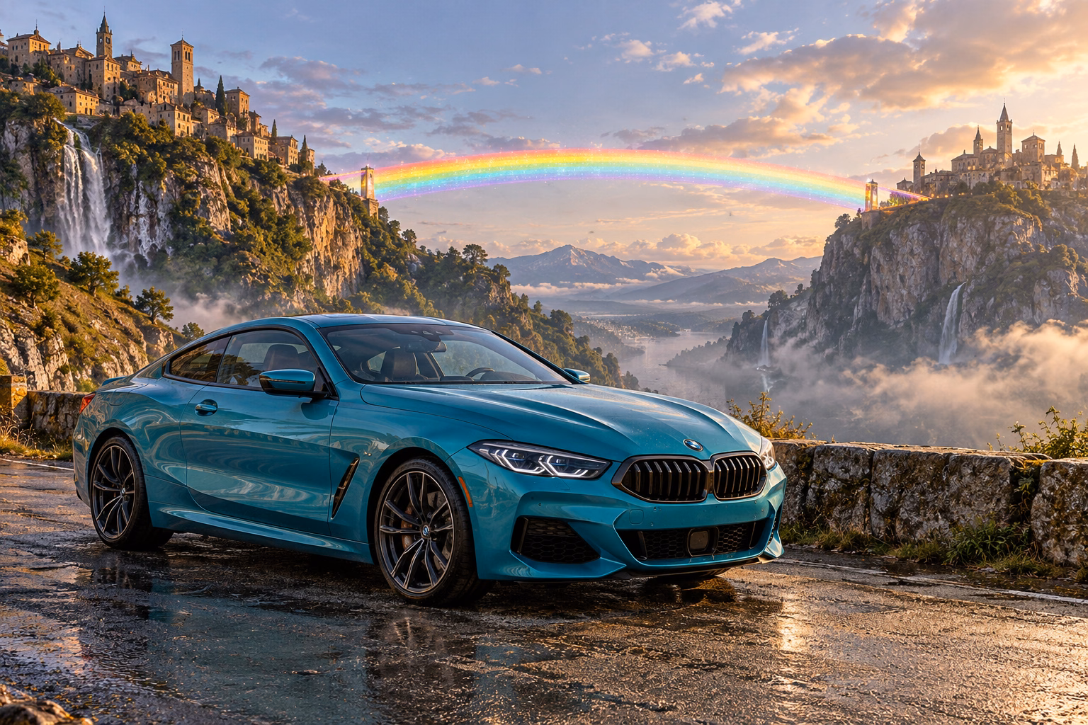 AI-generated turquoise performance touring coupe in Rainbow’s End. Colored light connects distant places across an open sky.