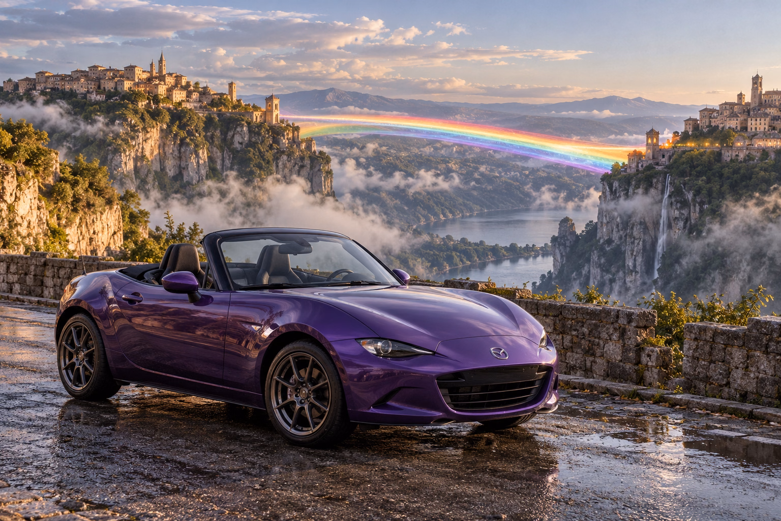 AI-generated violet open-top roadster in Rainbow’s End. Colored light connects distant places across an open sky.