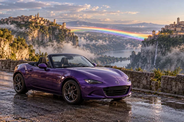 AI-generated violet open-top roadster in Rainbow’s End. Colored light connects distant places across an open sky.