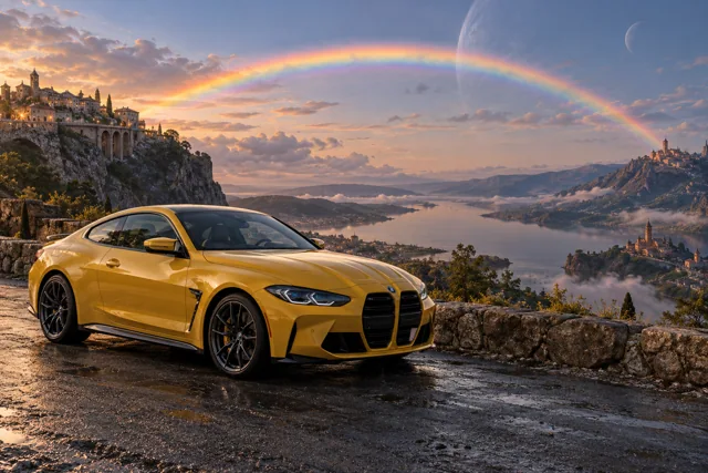 AI-generated yellow performance coupe in Rainbow’s End. Colored light connects distant places across an open sky.