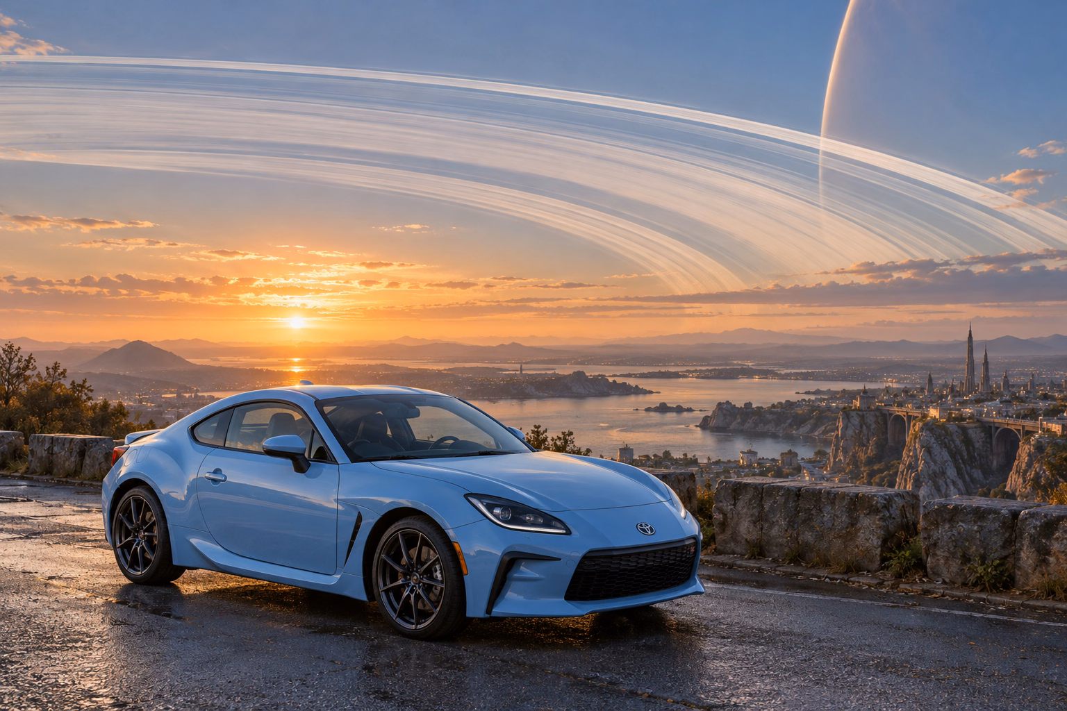 AI-generated baby blue sports coupe in Ringworld. Great rings arc across the sky above a broad horizon.