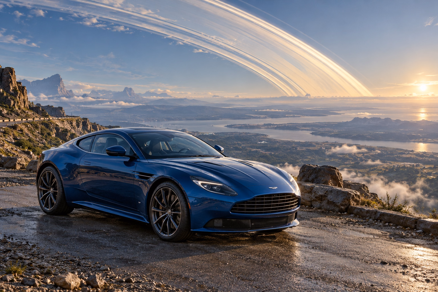 AI-generated blue grand touring coupe in Ringworld. Great rings arc across the sky above a broad horizon.