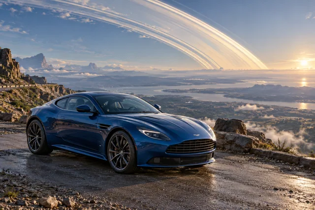 AI-generated blue grand touring coupe in Ringworld. Great rings arc across the sky above a broad horizon.