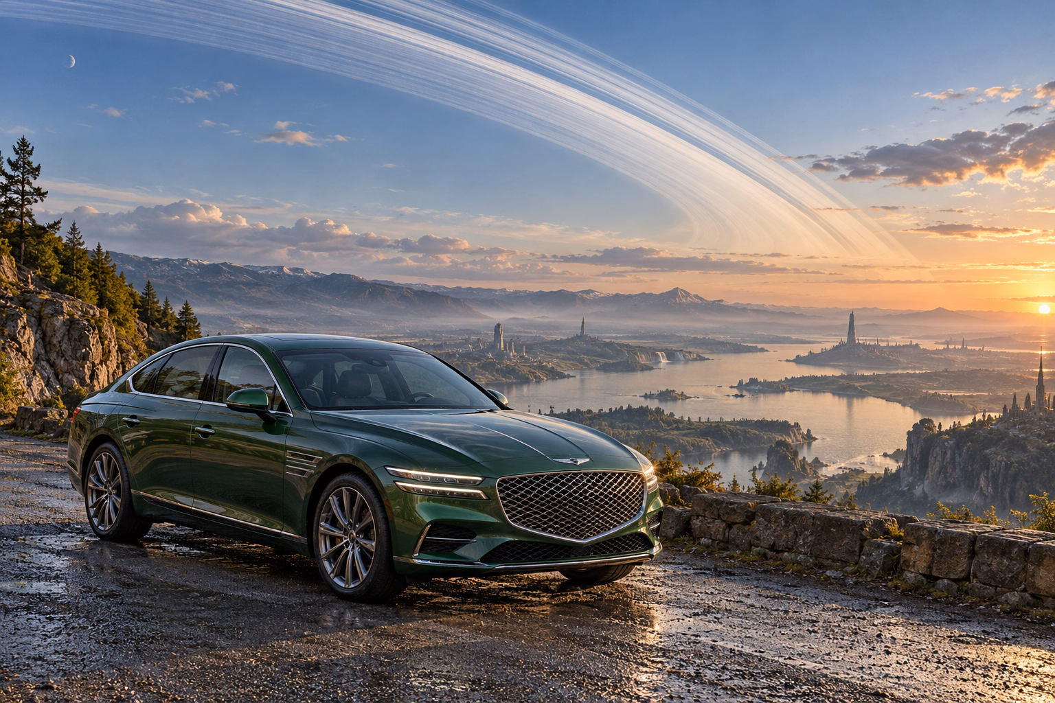 AI-generated green luxury sedan in Ringworld. Great rings arc across the sky above a broad horizon.