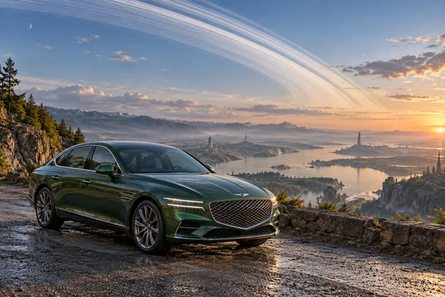 AI-generated green luxury sedan in Ringworld. Great rings arc across the sky above a broad horizon.