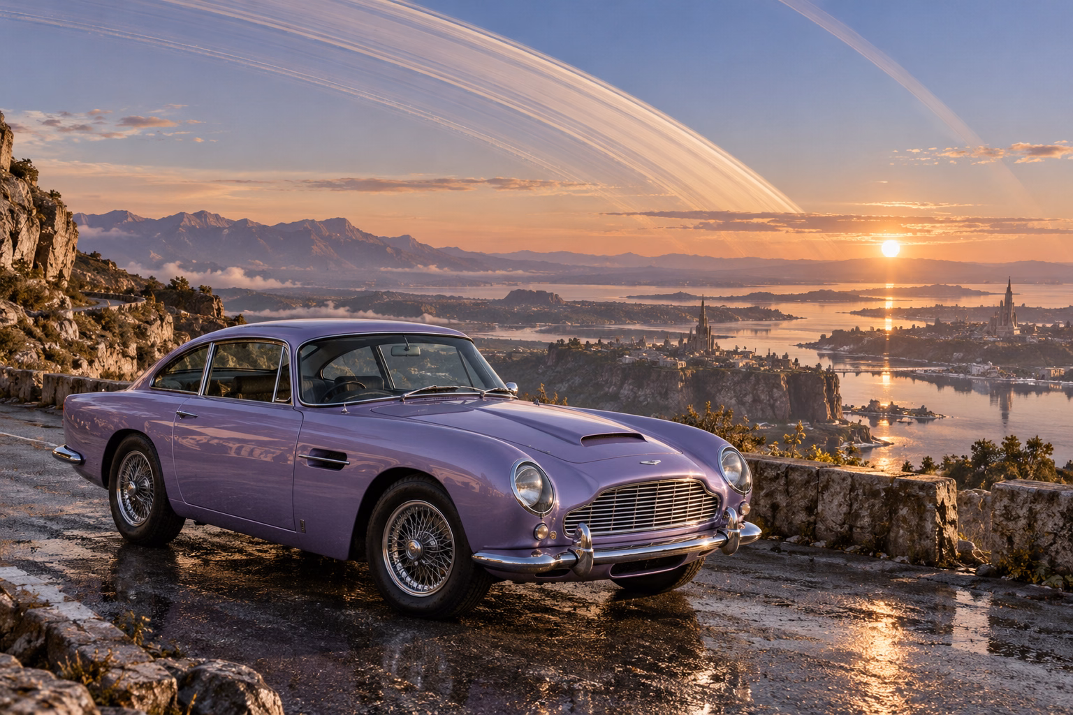 AI-generated lavender classic luxury coupe in Ringworld. Great rings arc across the sky above a broad horizon.