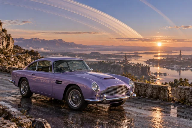 AI-generated lavender classic luxury coupe in Ringworld. Great rings arc across the sky above a broad horizon.