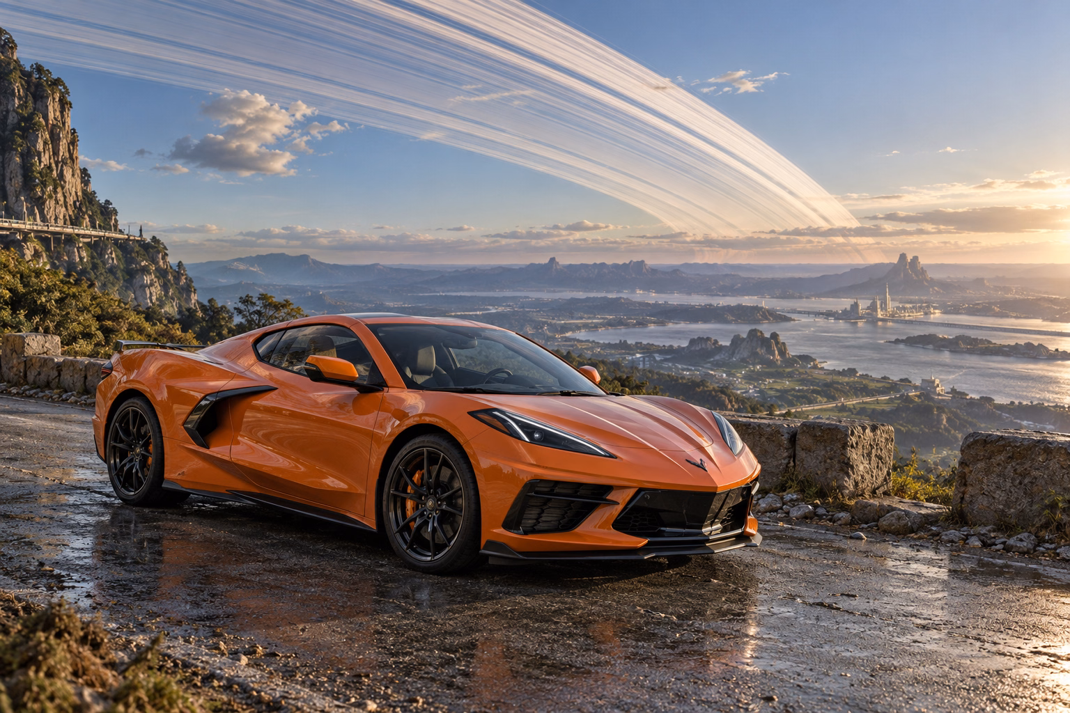 AI-generated orange mid-engine sports coupe in Ringworld. Great rings arc across the sky above a broad horizon.