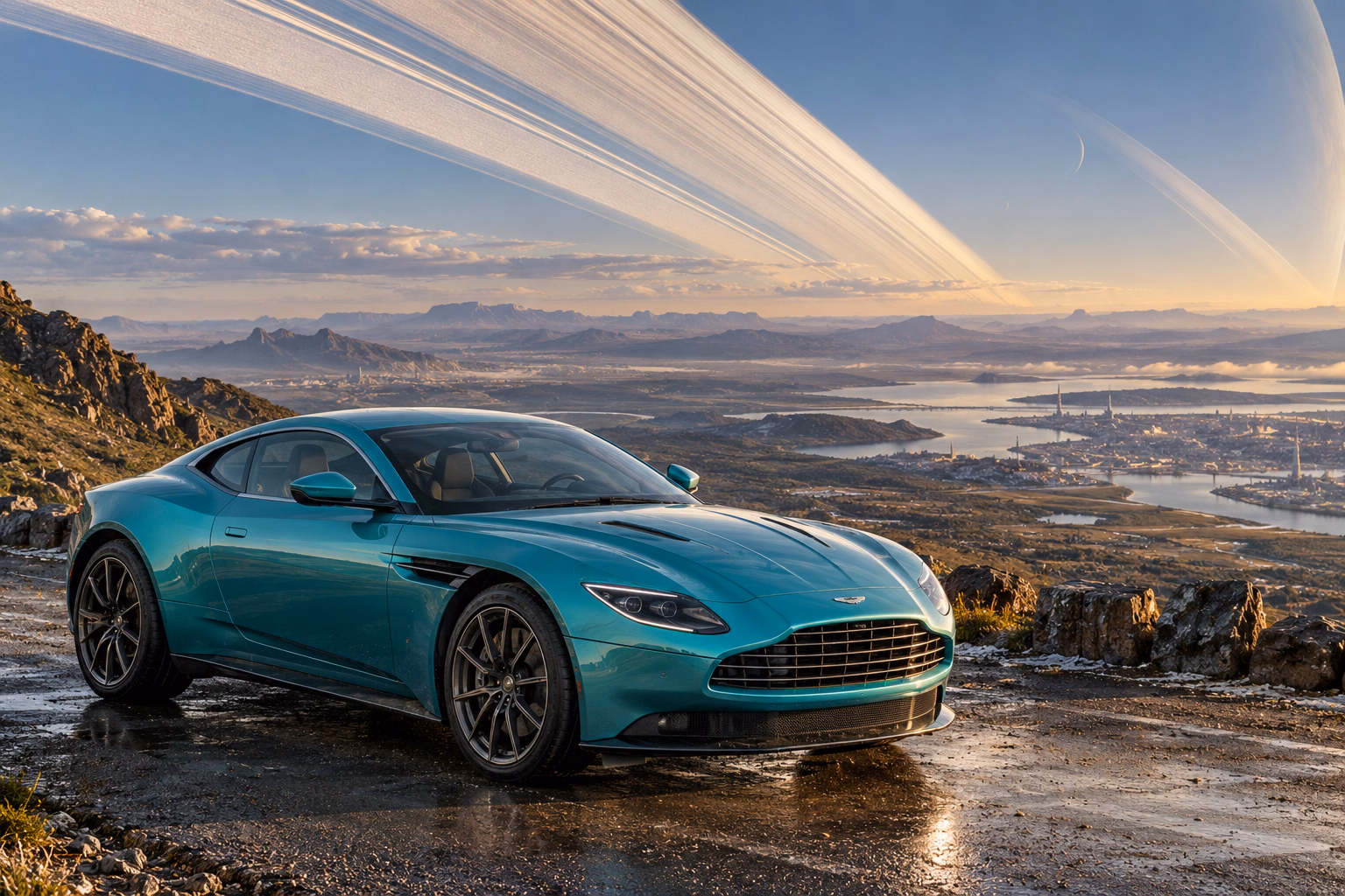 AI-generated turquoise performance touring coupe in Ringworld. Great rings arc across the sky above a broad horizon.