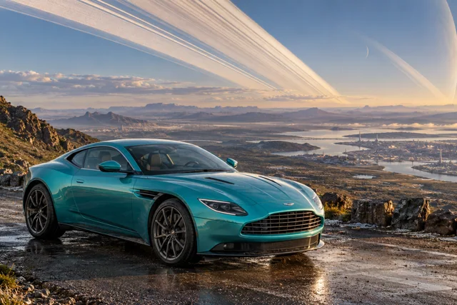 AI-generated turquoise performance touring coupe in Ringworld. Great rings arc across the sky above a broad horizon.