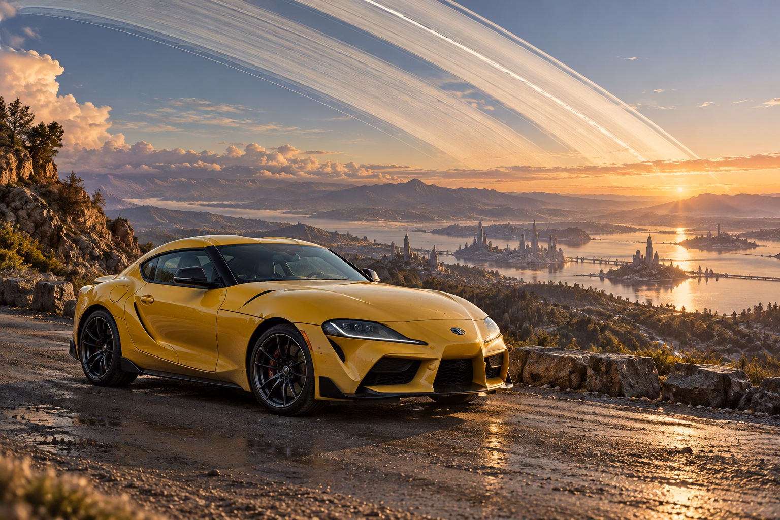 AI-generated yellow performance coupe in Ringworld. Great rings arc across the sky above a broad horizon.