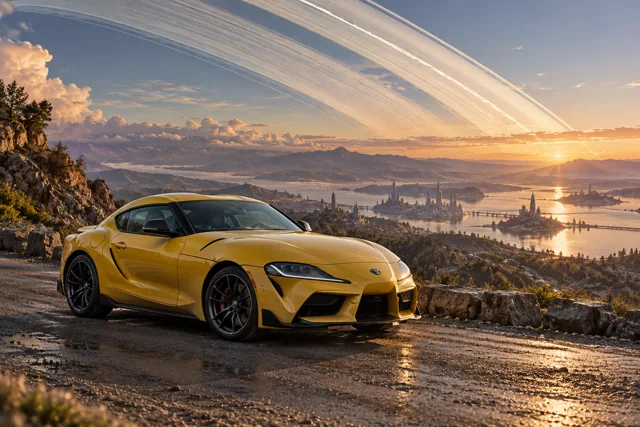 AI-generated yellow performance coupe in Ringworld. Great rings arc across the sky above a broad horizon.
