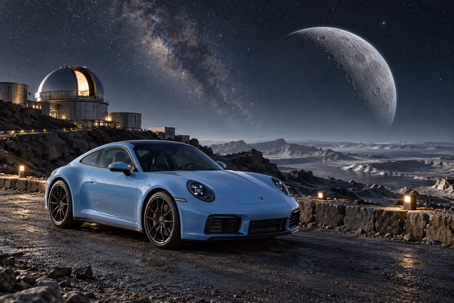 AI-generated baby blue sports coupe in Selene. A quiet moon with long views into open space.