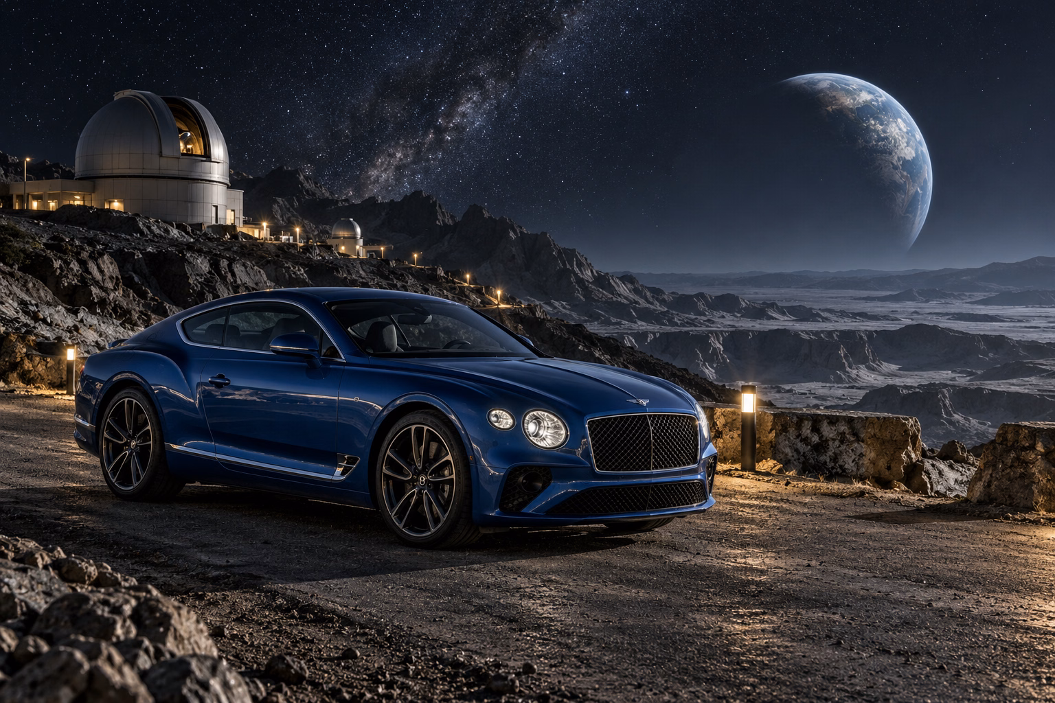 AI-generated blue grand touring coupe in Selene. A quiet moon with long views into open space.