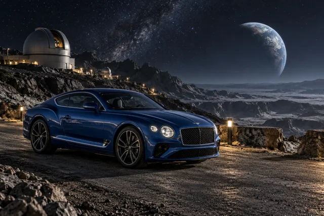 AI-generated blue grand touring coupe in Selene. A quiet moon with long views into open space.