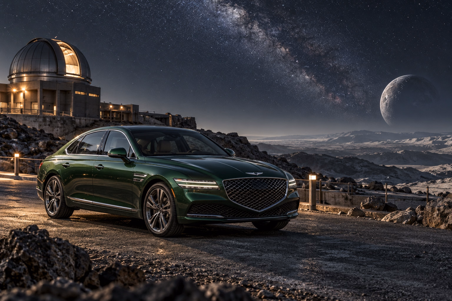 AI-generated green luxury sedan in Selene. A quiet moon with long views into open space.