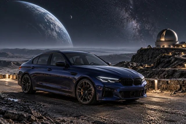 AI-generated indigo sports sedan in Selene. A quiet moon with long views into open space.