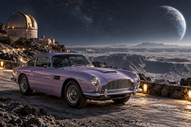 AI-generated lavender classic luxury coupe in Selene. A quiet moon with long views into open space.