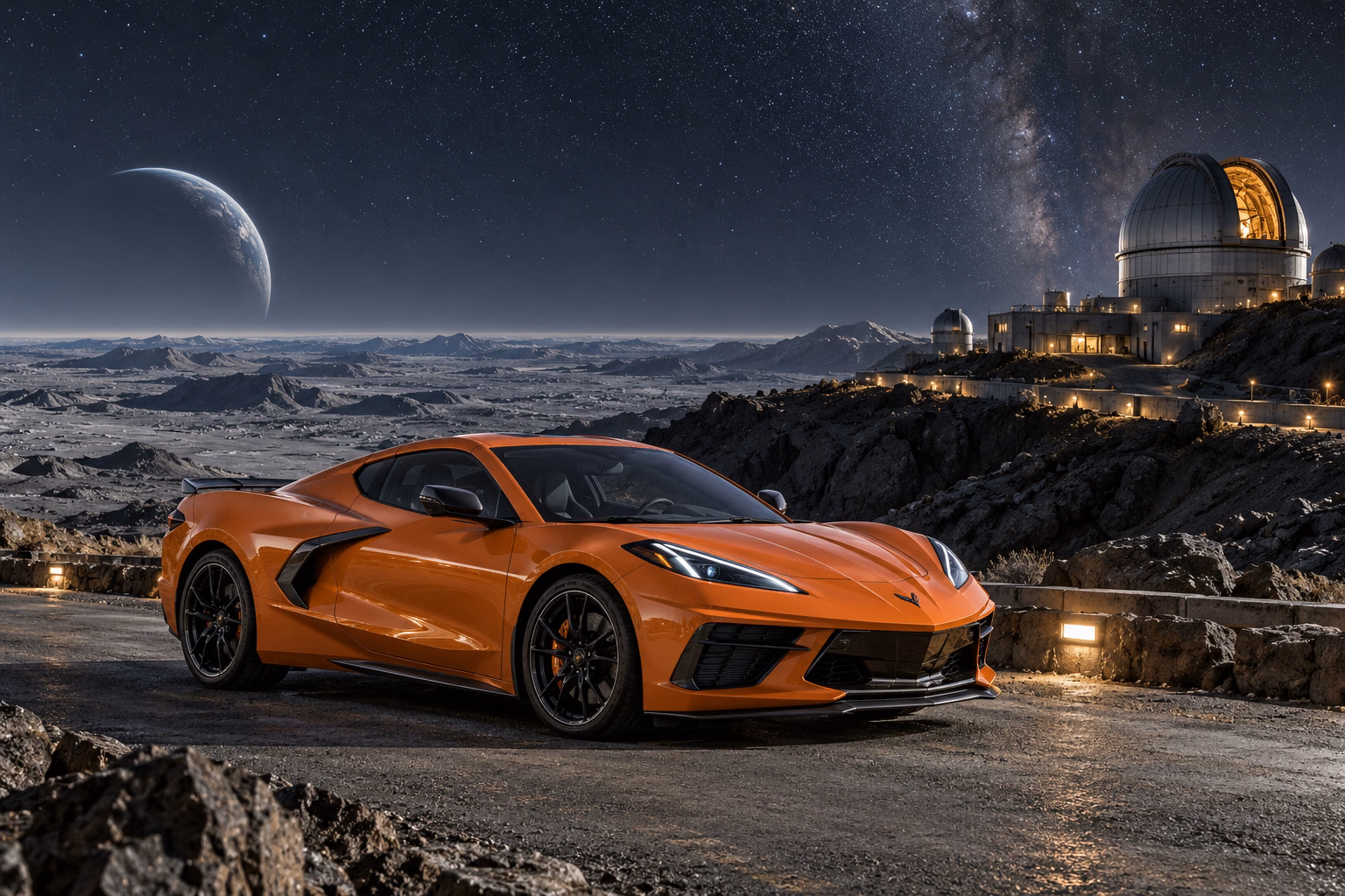 AI-generated orange mid-engine sports coupe in Selene. A quiet moon with long views into open space.