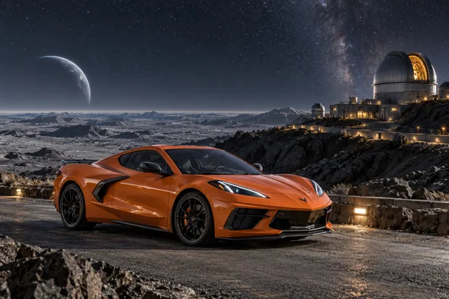 AI-generated orange mid-engine sports coupe in Selene. A quiet moon with long views into open space.