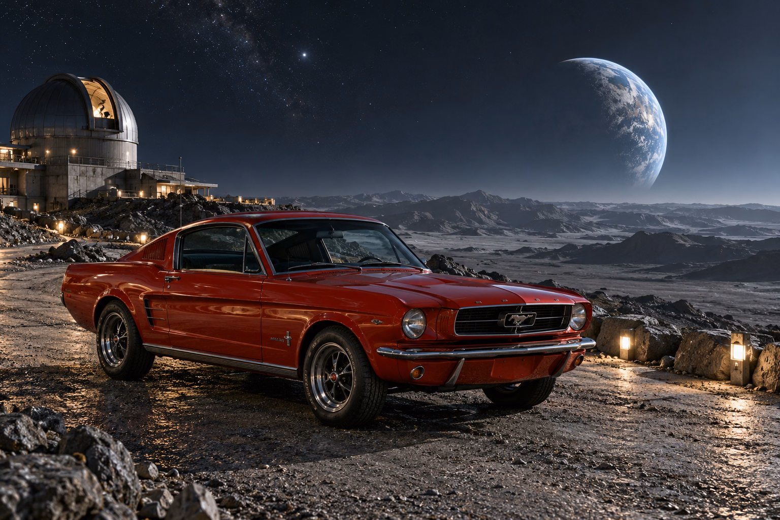 AI-generated red classic fastback in Selene. A quiet moon with long views into open space.
