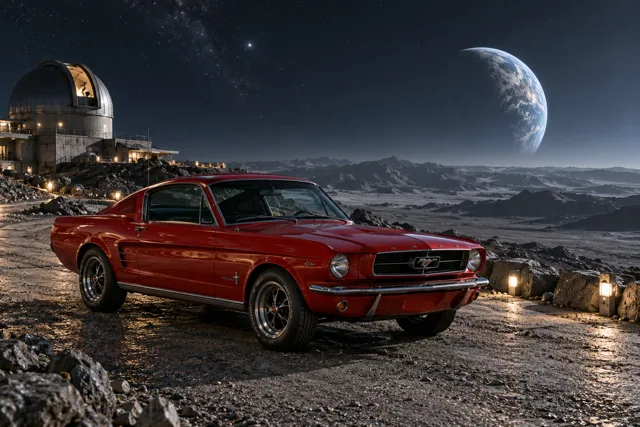 AI-generated red classic fastback in Selene. A quiet moon with long views into open space.