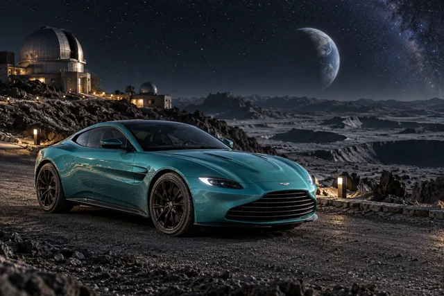 AI-generated turquoise performance touring coupe in Selene. A quiet moon with long views into open space.